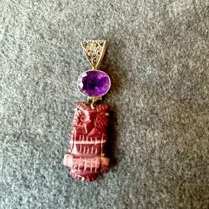 Handmade Sterling Silver owl pendant Hand-carved owl necklace gemstone necklace
